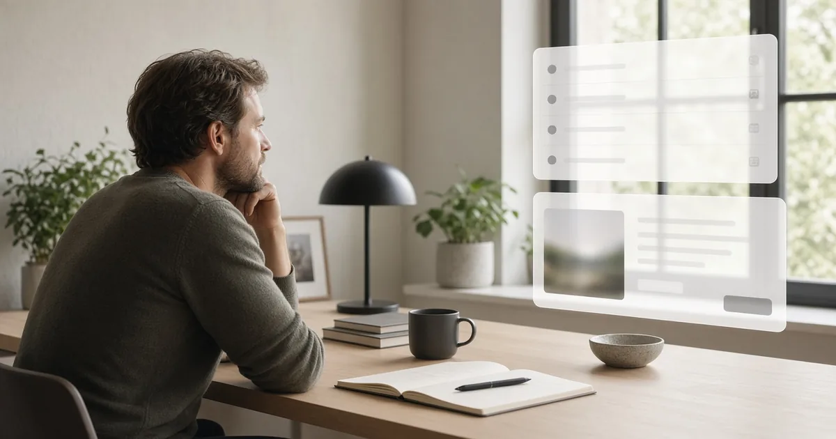 A founder brief beside a shortlist of brandable domains